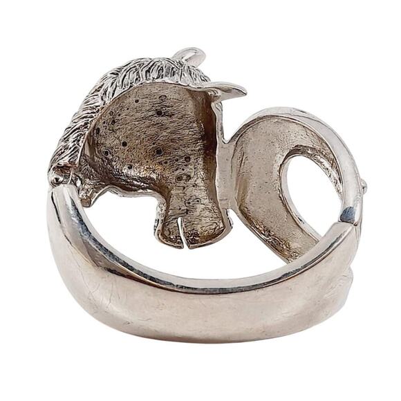 Western Rhinestone Horse & Horseshoe Cuff Bracelet Silvertone 7” - Picture 3 of 6